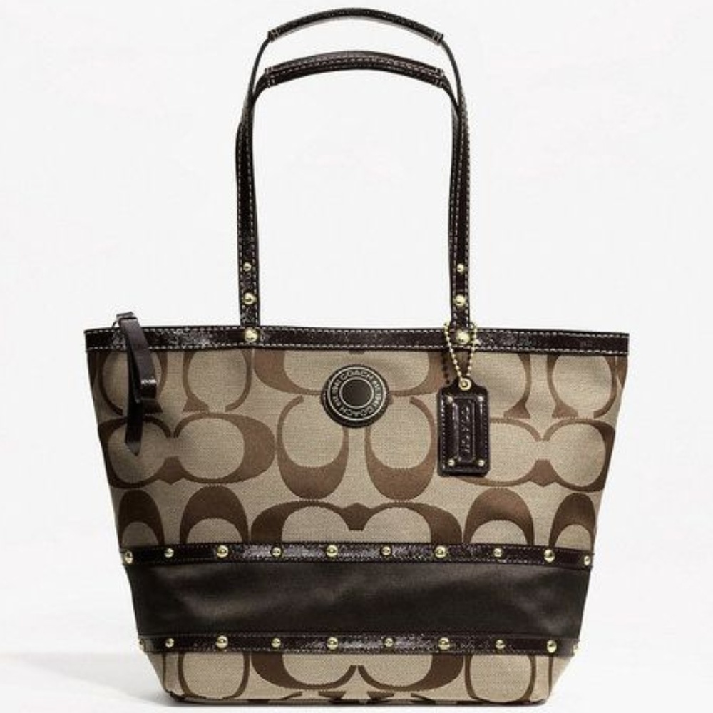 Coach Signature Stripe Studded Sateen Tote